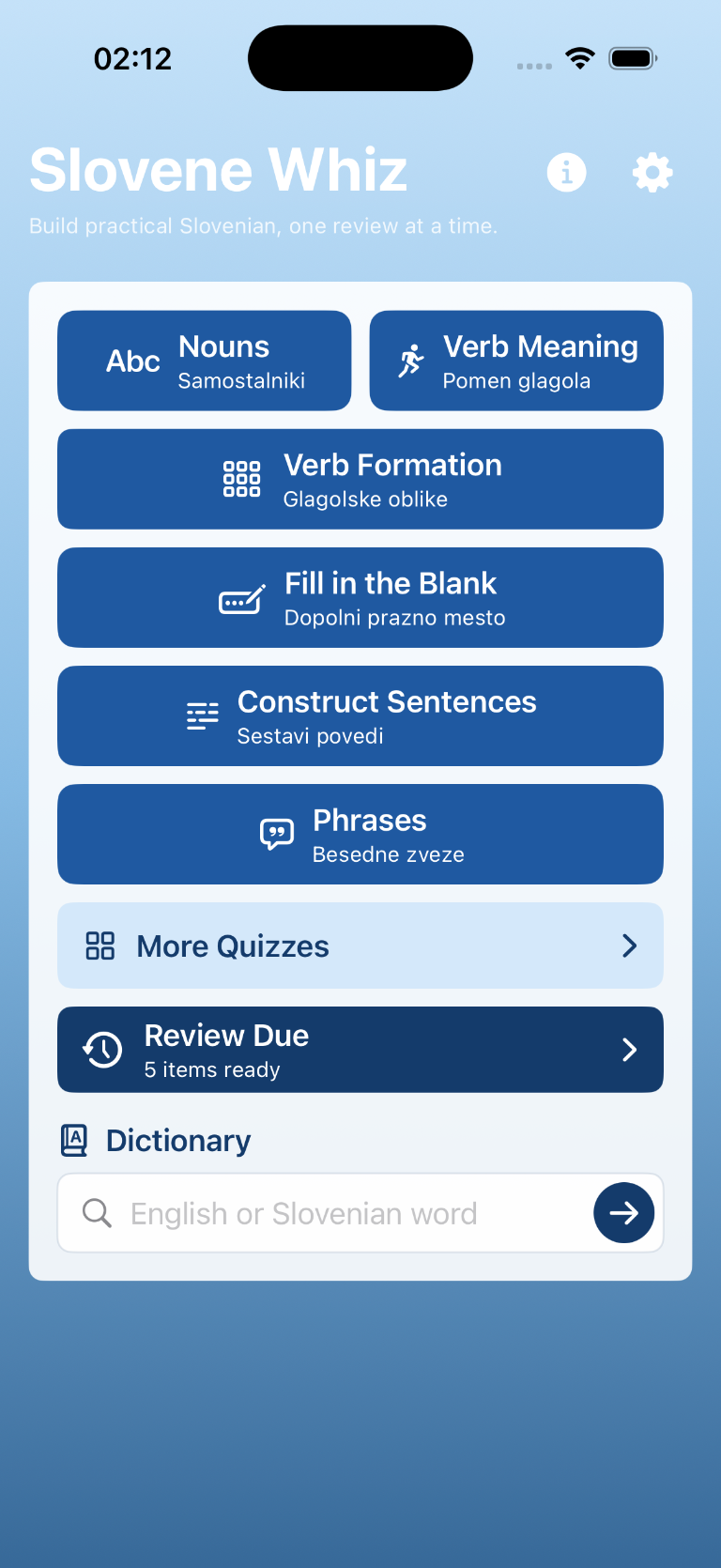 Slovene Whiz main learning screen with quiz choices, review due, and dictionary search