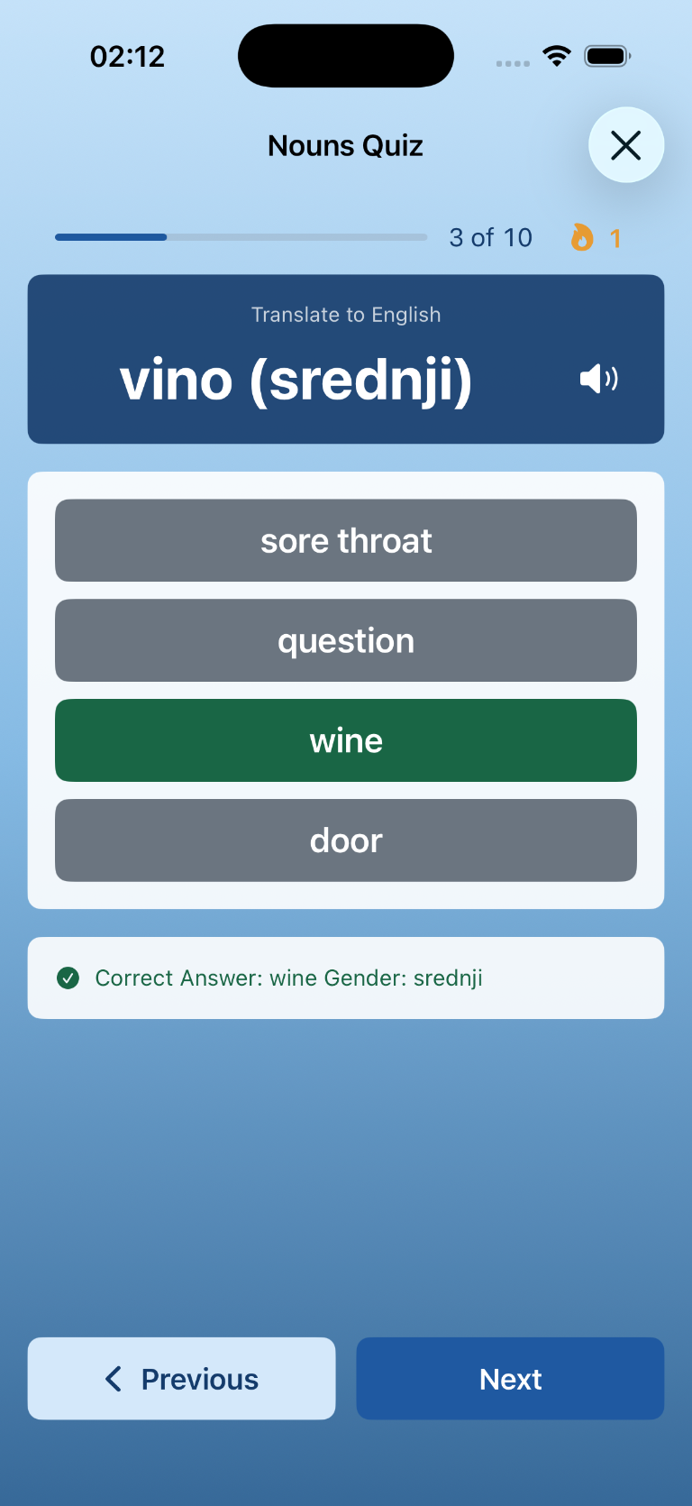 Slovene Whiz nouns quiz showing the correct English translation of vino and its neuter gender